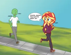 Size: 1650x1275 | Tagged: safe, artist:zharkaer, derpibooru import, sunset shimmer, oc, oc:anon, human, equestria girls, equestria girls series, stressed in show, stressed in show: rainbow dash, clothes, dialogue, exhausted, female, hoodie, jogging, looking back, male, panting, shoes, sneakers, speech bubble, sweat