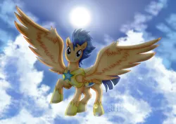 Size: 1600x1131 | Tagged: safe, artist:jotakaanimation, derpibooru import, flash sentry, pegasus, pony, armor, clothes, cloud, flying, male, shoes, solo, stallion