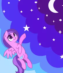 Size: 924x1066 | Tagged: safe, artist:razorbladetheunicron, derpibooru import, amethyst star, pegasus, pony, lateverse, crescent moon, cute, female, flying, mare, moon, night, night sky, race swap, sky, solo, starry eyes, stars, wingding eyes