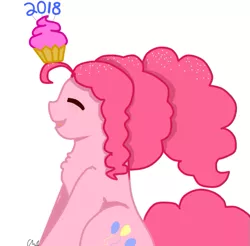 Size: 595x585 | Tagged: safe, artist:thestrawberrydipped, derpibooru import, pinkie pie, earth pony, pony, 2018, ahoge, balancing, confetti, confetti in mane, cowlick, cupcake, cute, diapinkes, eyes closed, female, food, freckles, happy new year, happy new year 2018, holiday, mare, new year, pinkie being pinkie, poofy pie, smiling, solo, that pony sure does love cupcakes