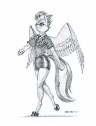 Size: 1100x1446 | Tagged: anthro, artist:baron engel, clothes, derpibooru import, female, glasses, grayscale, legs, mare, miniskirt, monochrome, pegasus, pencil drawing, safe, sexy, side slit, simple background, sketch, skirt, solo, spitfire, stupid sexy spitfire, sunglasses, traditional art, unguligrade anthro, uniform, white background