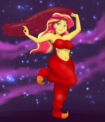 Size: 867x1000 | Tagged: safe, artist:empyu, derpibooru import, sunset shimmer, equestria girls, armpits, arms in the air, bare shoulders, bedroom eyes, belly button, belly dancer, belly dancer outfit, clothes, dancing, eyeshadow, harem outfit, long hair, makeup, midriff, night, one leg raised, pants, scarf, smiling, soft shading, solo, stars, strapless, stupid sexy sunset shimmer