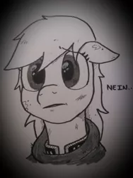 Size: 600x800 | Tagged: 4chan, artist:pony quarantine, aryan pony, cute, derpibooru import, drawthread, hajnal line, irony, /mlp/, monochrome, nein, oc, oc:aryanne, sad, safe, simple background, solo, traditional art, unofficial characters only