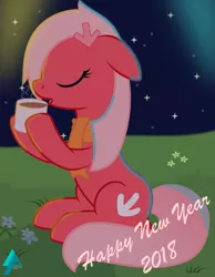 Size: 1225x1580 | Tagged: safe, artist:arifproject, derpibooru import, oc, oc:downvote, ponified, unofficial characters only, earth pony, pony, derpibooru, chocolate, clothes, derpibooru ponified, drinking, eyes closed, fireworks, floppy ears, food, happy new year, happy new year 2018, holiday, hot chocolate, meta, new year, night, scarf, simple background, sitting, solo, vector