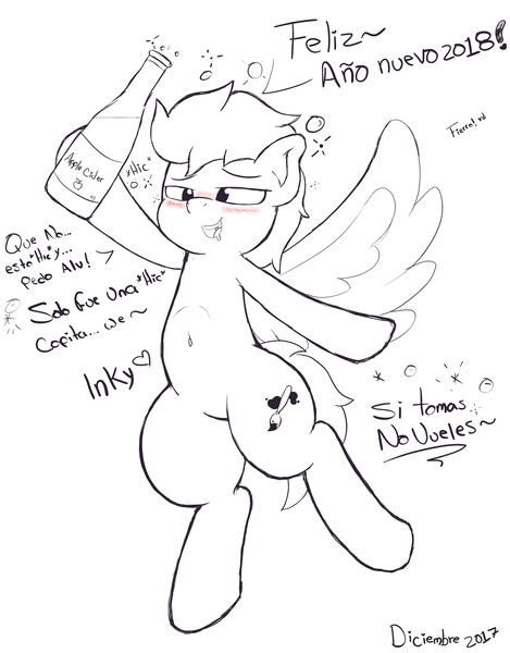 Size: 2500x3200 | Tagged: safe, artist:tonystorm12, derpibooru import, oc, oc:inky stylus, ponified, unofficial characters only, pegasus, pony, apple cider, cider, drunk, flying, happy new year, happy new year 2018, holiday, simple background, sketch