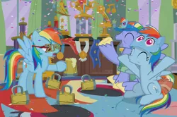 Size: 3220x2141 | Tagged: safe, artist:shutterflyeqd, derpibooru import, bow hothoof, rainbow dash, windy whistles, pegasus, pony, 2018, bags under eyes, cider, confetti, eyes closed, family, female, glasses, happy new year, happy new year 2018, holiday, male, mare, mug, smiling, stallion, tankard, unamused