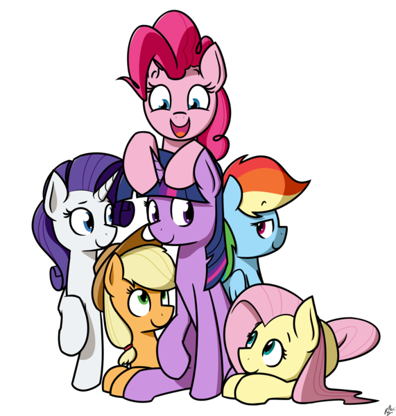 Size: 2000x2100 | Tagged: safe, artist:alexi148, derpibooru import, applejack, fluttershy, pinkie pie, rainbow dash, rarity, twilight sparkle, pony, female, high res, looking at each other, mane six, mare, prone, raised hoof, simple background, transparent background