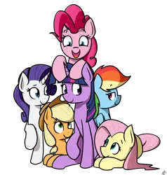 Size: 2000x2100 | Tagged: safe, artist:alexi148, derpibooru import, applejack, fluttershy, pinkie pie, rainbow dash, rarity, twilight sparkle, pony, female, high res, looking at each other, mane six, mare, prone, raised hoof, simple background, transparent background