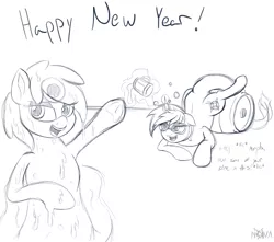 Size: 1700x1500 | Tagged: artist:novaspark, derpibooru import, drunk, goo pony, happy new year, holiday, keg, oc, oc:morpha, oc:nova spark, original species, safe, sketch, unofficial characters only