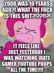 Size: 297x400 | Tagged: 2008, 2018, crying, derpibooru import, image macro, irate gamer, meme, new year, pinkie pie, safe, solo, youtube poop