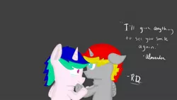 Size: 1280x720 | Tagged: alicorn, alicorn oc, alternate version, artist:rubydeluxe, colored, crying, derpibooru import, digital art, embrace, female, horn, love, male, oc, oc:holly dance, oc:rd, quote, safe, shading, signature, simple background, unofficial characters only, wings