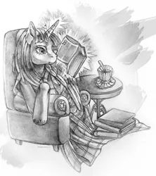 Size: 1000x1128 | Tagged: alicorn, artist:thewarmwolf, blanket, book, derpibooru import, drink, glowing horn, magic, monochrome, reading, safe, solo, table, telekinesis, traditional art, twilight sparkle, twilight sparkle (alicorn)