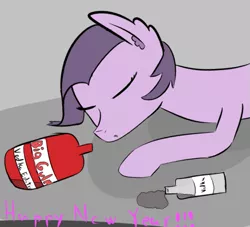 Size: 511x465 | Tagged: alcohol, artist:shobieshy, derpibooru import, drunk, ear fluff, happy new year, holiday, lying down, oc, oc:bee, passed out, safe, simple background, sleeping, unofficial characters only, vodka