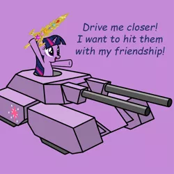 Size: 750x750 | Tagged: safe, derpibooru import, edit, twilight sparkle, pony, unicorn, command and conquer, dawn of war, drive me closer, elements of harmony, female, mammoth tank, mare, meme, solo, sword, sword of harmony, tank (vehicle), warhammer (game), warhammer 40k, weapon