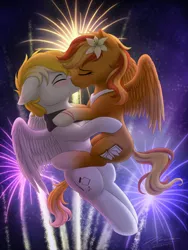 Size: 1024x1365 | Tagged: safe, artist:novaintellus, derpibooru import, oc, oc:serenity, oc:white feather, unofficial characters only, pegasus, pony, blushing, female, fireworks, flower, flower in hair, flying, hug, kissing, male, mare, oc x oc, romantic, serenither, shipping, stallion, straight