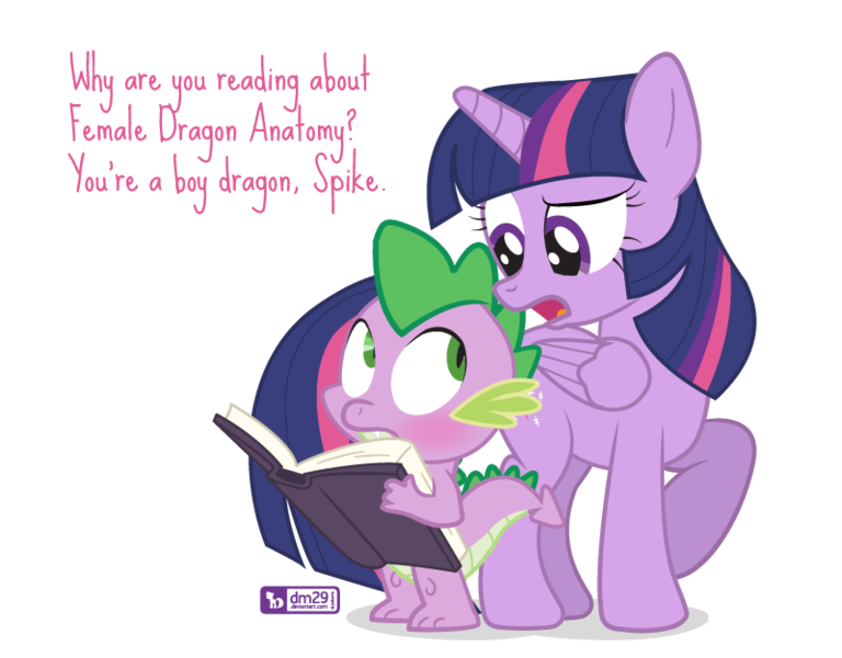 Size: 800x625 | Tagged: safe, artist:dm29, derpibooru import, spike, twilight sparkle, twilight sparkle (alicorn), alicorn, dragon, pony, blushing, book, dialogue, duo, female, frown, male, mare, oblivious, open mouth, puberty, signature, simple background, standing, the birds and the bees, the talk, transparent background