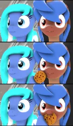 Size: 1136x1956 | Tagged: safe, artist:star-lightstarbright, derpibooru import, oc, oc:heart sketch, oc:starlight starbright, unofficial characters only, pegasus, pony, unicorn, 3d, cookie, female, food, mare, mouth hold