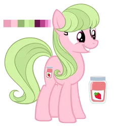 Size: 1650x1798 | Tagged: safe, artist:elskafox, derpibooru import, oc, oc:anyberry jam, unofficial characters only, earth pony, pony, food, jam, reference sheet, smiling, solo, strawberry