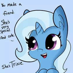 Size: 1650x1650 | Tagged: safe, artist:tjpones, derpibooru import, edit, editor:yoshimon1, trixie, pony, unicorn, blue background, bronybait, bust, cheek fluff, chibi, cute, dialogue, diatrixes, ear fluff, female, leaning, mare, open mouth, simple background, smiling, solo, text edit, third person, tjpones is trying to murder us, trixie made a friend, wholesome