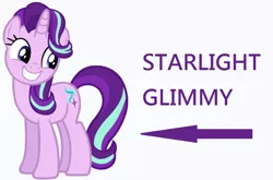 Size: 814x537 | Tagged: safe, derpibooru import, starlight glimmer, pony, unicorn, arrow, captain obvious, caption arrow, cute, female, glimmerbetes, glimmy, grin, looking back, mare, nickname, simple background, smiling, solo, squee, white background