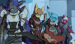 Size: 3000x1773 | Tagged: anthro, armor, artist:bbsartboutique, derpibooru import, destiny 2 (game), destiny (game), gun, oc, oc:amity, oc:dusty, oc:helios aster, oc:melon frost, safe, unofficial characters only, weapon