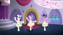 Size: 1280x720 | Tagged: safe, artist:xxmaskedponyxx, derpibooru import, rarity, starlight glimmer, twilight sparkle, twilight sparkle (alicorn), alicorn, pony, unicorn, canterlot boutique, awkward, ballerina, ballet, clothes, cute, dress, embarrassed, female, glimmerbetes, glimmerina, looking down, mare, open mouth, princess dress, raribetes, raririna, spread wings, tutu, twiabetes, twilarina, wings