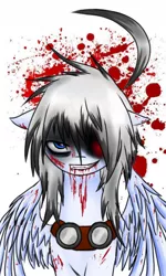 Size: 614x1024 | Tagged: semi-grimdark, artist:whitenoiseghost, derpibooru import, oc, oc:distraught, unofficial characters only, pegasus, pony, blood, goggles, solo