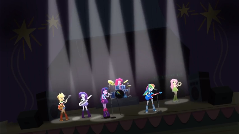 Size: 1366x768 | Tagged: safe, derpibooru import, screencap, applejack, fluttershy, pinkie pie, rainbow dash, rarity, twilight sparkle, equestria girls, rainbow rocks, band, humane five, humane six, spotlight, the rainbooms