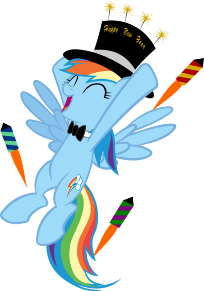 Size: 4057x5785 | Tagged: safe, artist:ironm17, derpibooru import, rainbow dash, pegasus, pony, absurd resolution, bowtie, clothes, cylinder, eyes closed, female, fireworks, happy, happy new year, hat, holiday, mare, new year, rocket, simple background, solo, top hat, transparent background, vector