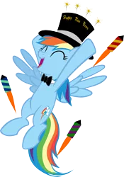 Size: 4057x5785 | Tagged: safe, artist:ironm17, derpibooru import, rainbow dash, pegasus, pony, absurd resolution, bowtie, clothes, cylinder, eyes closed, female, fireworks, happy, happy new year, hat, holiday, mare, new year, rocket, simple background, solo, top hat, transparent background, vector