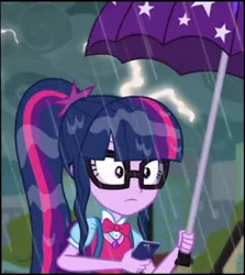 Size: 948x1065 | Tagged: safe, derpibooru import, edit, edited screencap, screencap, sci-twi, twilight sparkle, eqg summertime shorts, equestria girls, monday blues, cropped, lightning, mobile phone, phone, rain, smartphone, umbrella, wet hair