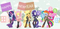 Size: 2463x1200 | Tagged: anthro, applejack, artist:howxu, boots, building, clothes, cloud, coat, cute, derpibooru import, eyes closed, fluttershy, happy new year 2018, jacket, laughing, mane six, new year, pantyhose, pinkie pie, rainbow dash, rarity, safe, shoes, sign, skirt, sky, snow, socks, street lights, surprised, totally not rarijack, twilight sparkle, winter