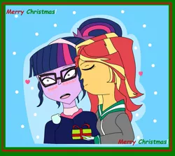 Size: 1257x1120 | Tagged: safe, artist:miraculouslover21, derpibooru import, sci-twi, sunset shimmer, twilight sparkle, equestria girls, christmas, christmas presents, cute, eyes closed, female, heart, holiday, kiss on the cheek, kissing, lesbian, present, scitwishimmer, shipping, snow, sunsetsparkle, surprise kiss, surprised, twiabetes