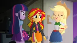 Size: 1366x768 | Tagged: safe, derpibooru import, screencap, applejack, sunset shimmer, twilight sparkle, equestria girls, rainbow rocks, confident, door, eyes closed, freckles, happy, night, pointing, pointing behind, smiling, stars, thumb, warehouse