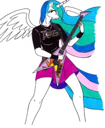 Size: 2027x2470 | Tagged: alicorn, anthro, artist:killerteddybear94, clothes, cropped, cutie mark, derpibooru import, electric guitar, eyes closed, guitar, heavy metal, jewelry, metalestia, necklace, power metal, princess celestia, rhapsody of fire, safe, shirt, skirt, smiling, spread wings, traditional art, t-shirt, wings