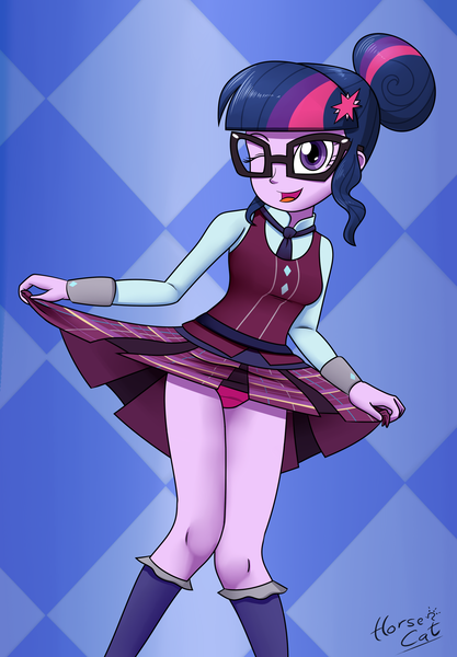 Size: 1600x2300 | Tagged: suggestive, artist:horsecat, derpibooru import, sci-twi, twilight sparkle, equestria girls, adorkable, breasts, clothes, crystal prep academy uniform, cute, dork, female, glasses, hair bun, legs, multiple variants, one eye closed, panties, pink underwear, pleated skirt, school uniform, skirt, skirt lift, socks, solo, solo female, thighs, twiabetes, underwear, upskirt, wink