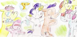 Size: 1211x587 | Tagged: artist:ptitemouette, crying, derpibooru import, happy, magical lesbian spawn, next generation, oc, oc:apple diamond, oc:butterfly, oc:cheese party, oc:coquillage, oc:pomme de pin, oc:rainbow peace, offspring, parent:applejack, parent:cheese sandwich, parent:fluttershy, parent:pinkie pie, parent:princess skystar, parent:rainbow dash, parent:rarity, parents:cheesepie, parents:flutterdash, parents:rarijack, parents:skypie, safe, unofficial characters only