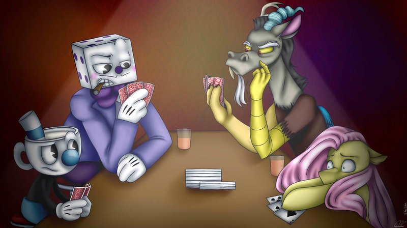 Size: 2095x1174 | Tagged: safe, artist:ggchristian, derpibooru import, discord, fluttershy, pony, crossover, cuphead, dice, king dice, mugman, poker