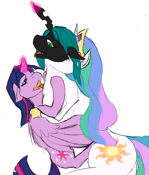 Size: 2122x2493 | Tagged: alicorn, artist:wesleyfoxx, belly, bulge licking, changeling, changeling queen, colored sketch, derpibooru import, female, fetish, hug, lesbian, licking, mare, princess celestia, princess vorestia, queen chrysalis, questionable, shipping, soft vore, throat bulge, twilestia, twilight sparkle, twilight sparkle (alicorn), vore, willing vore, winghug