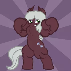 Size: 500x500 | Tagged: safe, artist:ranjipantera, derpibooru import, oc, oc:pachua, unofficial characters only, pony, bipedal, female, flexing, horns, mare, muscles, non-mlp character, non-mlp oc, simple background, sunburst background