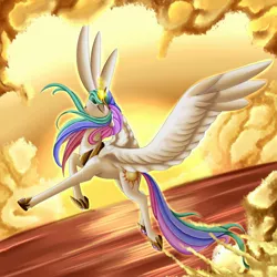 Size: 2048x2048 | Tagged: safe, artist:crecious, derpibooru import, princess celestia, alicorn, pony, eyes closed, female, flying, glowing horn, mare, praise the sun, solo, sunrise