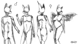 Size: 1023x584 | Tagged: suggestive, artist:itzdatag0ndray, derpibooru import, anthro, earth pony, pegasus, unicorn, anatomy, anatomy study, breasts, featureless breasts, featureless crotch, monochrome, practice, sketch, sketch dump