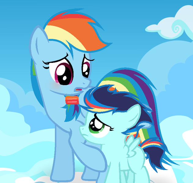 Size: 798x757 | Tagged: safe, artist:galaxyswirlsyt, derpibooru import, rainbow dash, oc, oc:cold cloud, pegasus, pony, base used, female, filly, mother and daughter, offspring, parent:rainbow dash, parent:soarin', parents:soarindash, rainbow hair