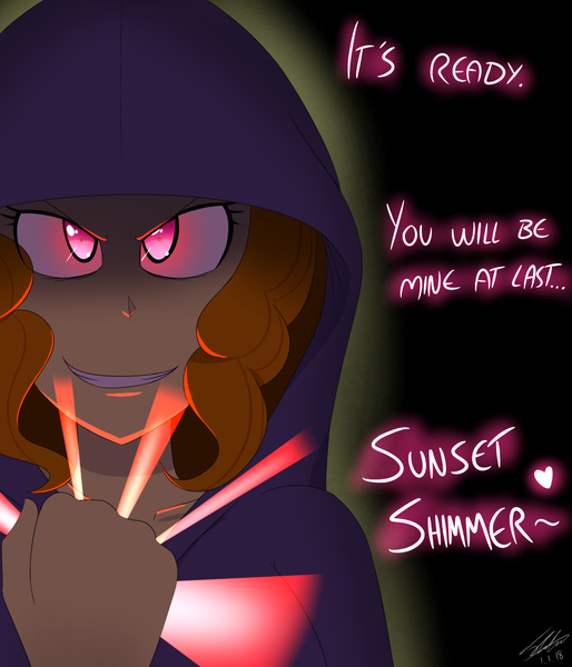 Size: 1000x1167 | Tagged: safe, artist:jase1505, deleted from derpibooru, derpibooru import, adagio dazzle, series:sunlight horizons, equestria girls, rainbow rocks, clothes, evil grin, glowing eyes, grin, hoodie, implied lesbian, implied shipping, implied sunsagio, smiling, solo, speech