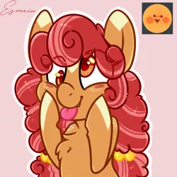 Size: 512x512 | Tagged: safe, artist:esmeia, derpibooru import, oc, oc:cinnamon crisp, unofficial characters only, earth pony, pony, chest fluff, chest freckles, derp, emoji, emoticon, female, freckles, mare, open mouth, pfft, pink background, raised hoof, raised hooves, silly, silly pony, simple background, solo, tongue out