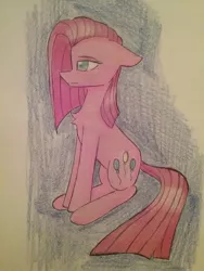 Size: 966x1288 | Tagged: safe, artist:ponime11, derpibooru import, pinkie pie, pony, pinkamena diane pie, sitting, solo, traditional art