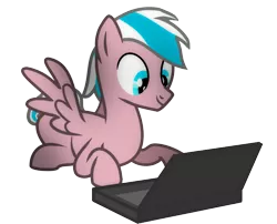 Size: 842x679 | Tagged: safe, artist:tochasedawn, derpibooru import, oc, oc:chasing dawn, unofficial characters only, pegasus, pony, computer, laptop computer, male, prone, simple background, solo, stallion, transparent background