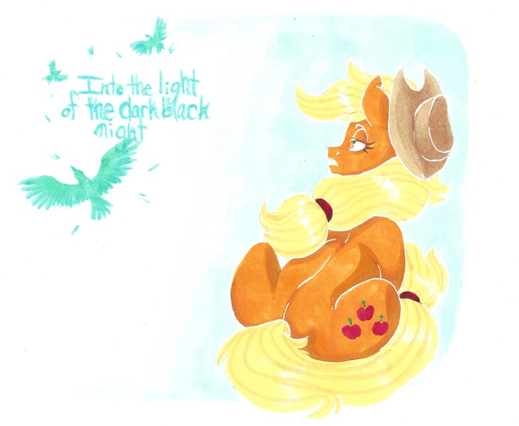 Size: 11152x9148 | Tagged: safe, artist:frozensoulpony, derpibooru import, applejack, bird, pony, absurd resolution, blackbird, solo, song reference, the beatles, traditional art