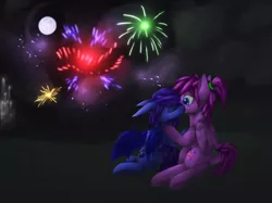 Size: 6252x4688 | Tagged: safe, artist:ampderg, derpibooru import, oc, unofficial characters only, bat pony, pegasus, pony, absurd resolution, couple, cute, female, fireworks, kiss on the cheek, kissing, lesbian, moon, new year, night, scrunchie, tail scrunchie