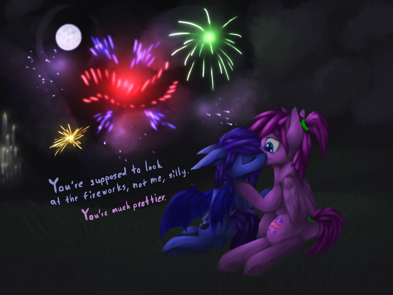 Size: 6252x4688 | Tagged: safe, artist:ampderg, derpibooru import, oc, unofficial characters only, bat pony, pegasus, pony, absurd resolution, couple, cute, dialogue, female, fireworks, kiss on the cheek, kissing, lesbian, moon, new year, night, scrunchie, tail scrunchie